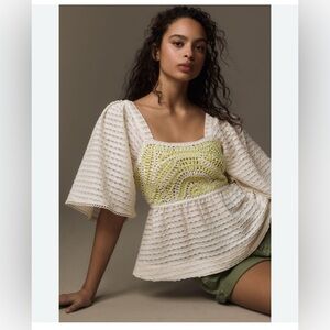 Anthropologie Sarah Hann Flutter-Sleeve Crochet Top cream ivory size S boho
